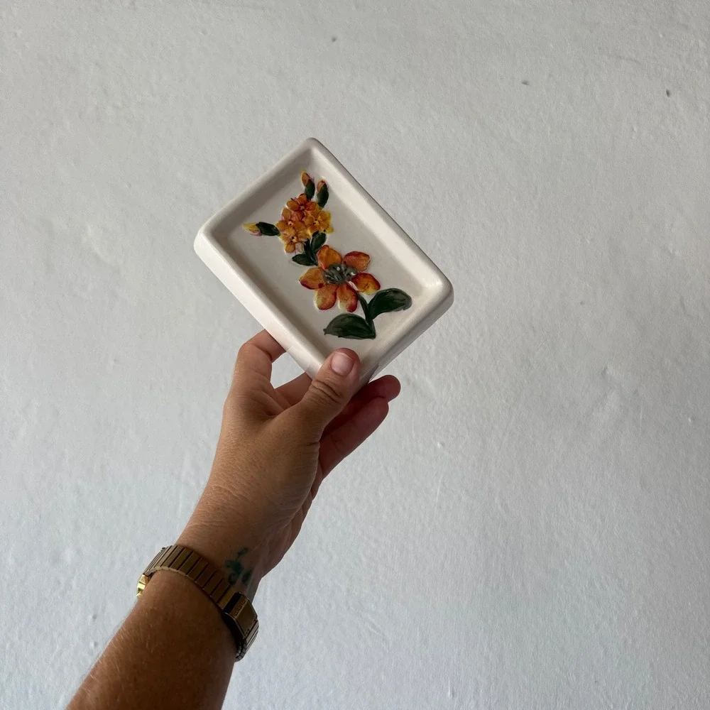 Vintage Hand Painted Ceramic Floral Soap Dish Raised Flowers Cottage Decor
